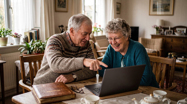 Elderly couple laughing while looking at a laptop computer at home