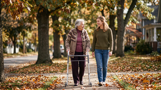 Young woman assists elderly woman walking with walker on autumn sidewalk