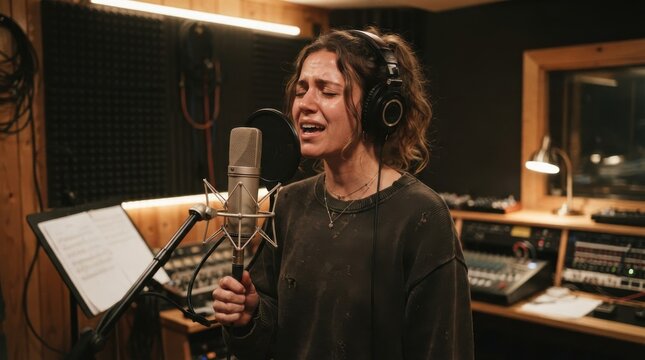 Young woman singing passionately into a microphone in a recording studio
