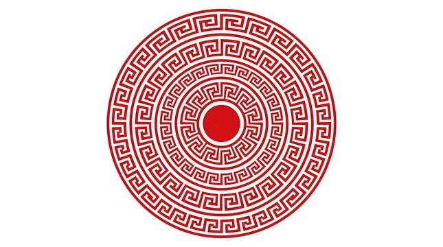 Red concentric circles with Greek key meander geometric ornament pattern design