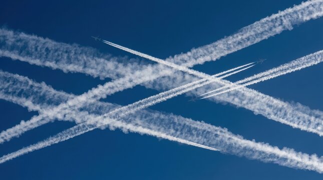 Airplanes leaving contrails crossing paths in a clear blue sky