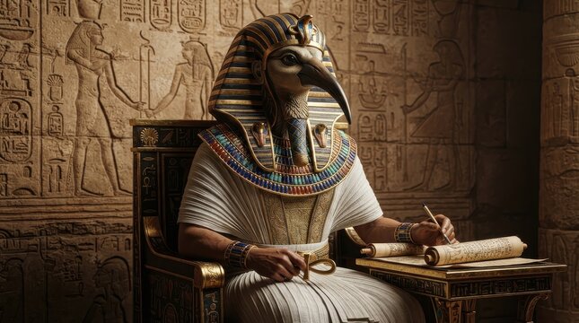 Ancient Egyptian god Thoth writing on a papyrus scroll in a temple