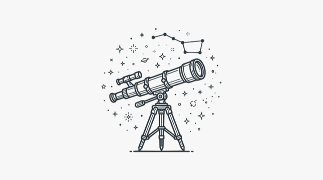 Minimalist black and white line art vector illustration of an astronomical telescope on a tripod, surrounded by stars, the Big Dipper constellation, and a ringed planet on a plain background.