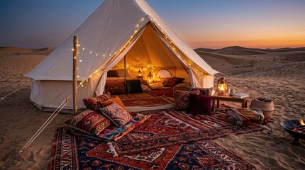 Fototapeta premium Glamping tent with colorful rugs and fairy lights in desert at sunset