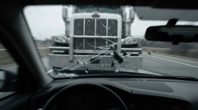 Car crash perspective with shattered windshield and oncoming truck