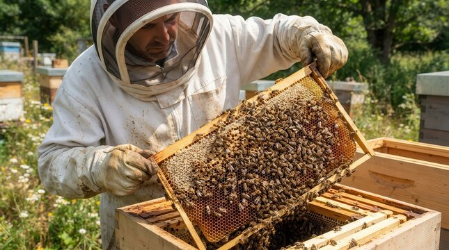 Beekeeper inspecting honeycomb filled with bees at apiary