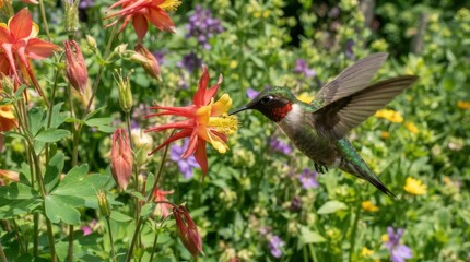 Obraz premium Ruby-throated hummingbird hovering and feeding on columbine flower