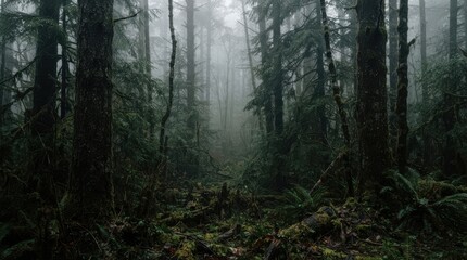 Fototapeta premium Dense foggy pine forest with lush green moss and ferns on the ground