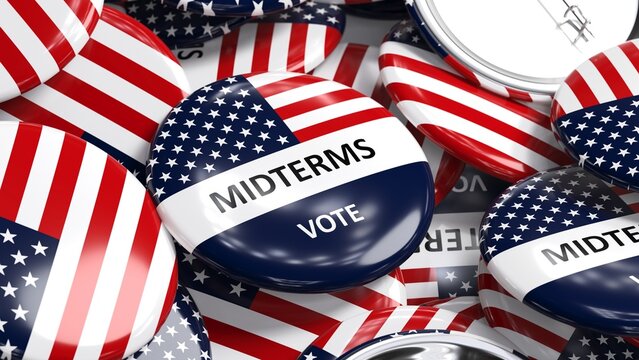 US Midterm Election Voting Campaign Badges with American Flag Design - 3D render