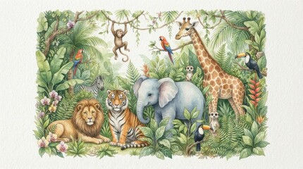 Fototapeta premium Watercolor illustration of various wild animals in a lush jungle setting