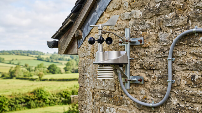 Weather station anemometer mounted on a rustic stone wall, with a view of green rolling hills in the background