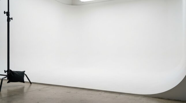 Empty photo studio with large cyc wall and concrete floor