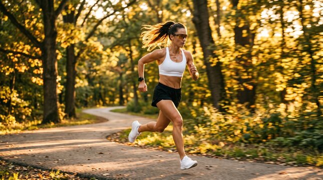 Athletic woman running fast on park path during autumn morning. Fit female jogger in sportswear and sunglasses training among golden trees.