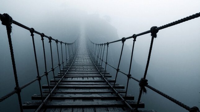 Old wooden suspension bridge crosses deep abyss in heavy fog. Rope bridge leads into thick mist over dark canyon. Scary narrow pathway creates sense of danger, mystery in mountain landscape. Extreme