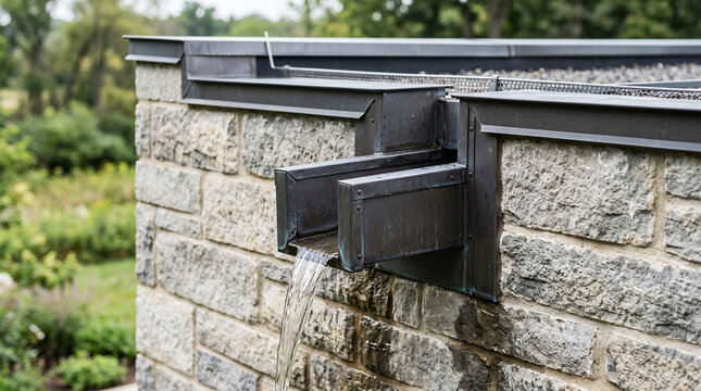 Water flowing from a metal scupper on a stone wall, exterior drainage system with grey masonry blocks and dark metal flashing in a garden