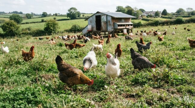 Free range chickens foraging in a lush green pasture with a coop