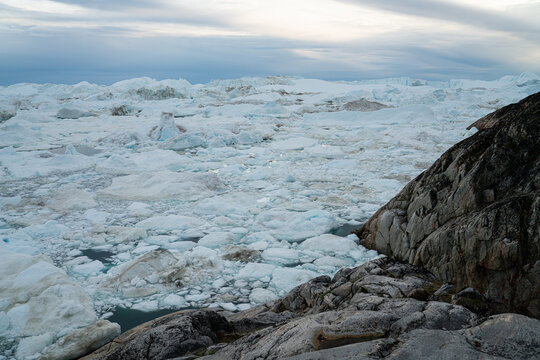 Arctic nature landscape with icebergs in Greenland icefjord with midnight sun sunset or sunrise in the horizon. Photo of ice. Ilulissat Icefjord with icebergs from glacier.