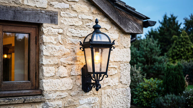 Black metal outdoor lantern mounted on a rustic limestone wall next to a wooden window frame at dusk