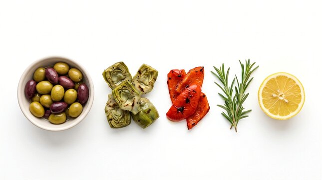 Mediterranean antipasti ingredients flat lay on white background