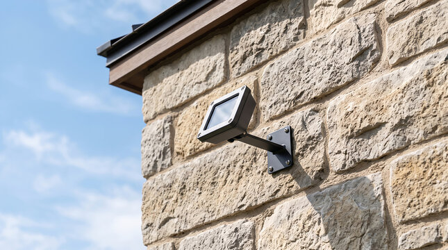 Black solar-powered security sensor mounted on a textured beige stone wall, exterior building corner with blue sky background