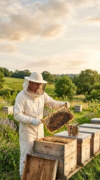 Beekeeper inspecting honeycomb frame at outdoor apiary