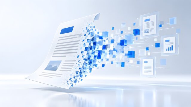 Digital transformation process showing a physical document disintegrating into pixelated data cubes and converting into virtual software interfaces