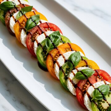 Fresh Caprese salad on white plate with multicolored tomatoes, mozzarella cheese. Slices of red yellow, green tomatoes layer with buffalo mozzarella, basil leaves. Balsamic glaze drizzle tops gourmet