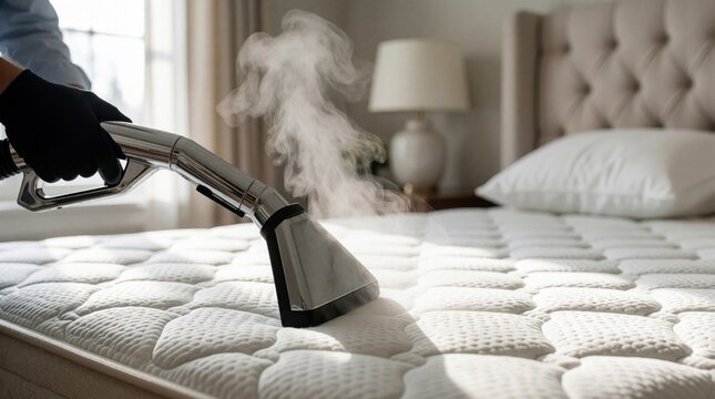 Professional steam cleaner sanitizes mattress in bedroom. Deep cleaning removes dust mites and allergens, ensuring healthy sleep and home hygiene. Service uses hot vapor for fabric care.