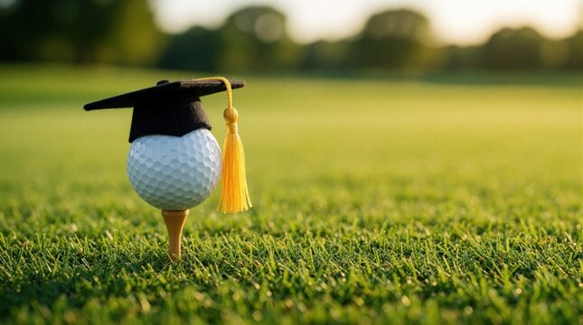 Golf ball wearing graduation cap sits on tee on green grass. Symbolizes sports scholarship achievement and future career in golf or academia.