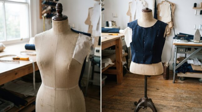 Tailor mannequin in a bright clothing design studio with fabric pieces