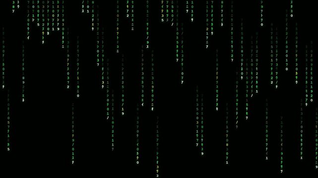 Digital rain of falling binary code and characters on a black background for technology concepts