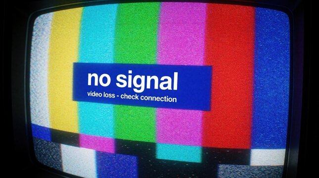 Old tv screen displays color bars test pattern and no signal error message. Broadcast disruption, communication failure, retro tech problem, vintage analog screen.