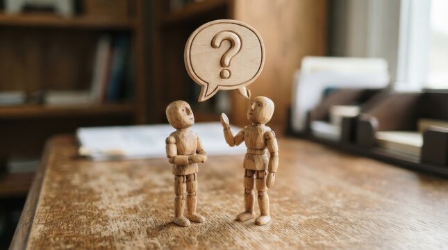 Two wooden mannequins talking with a question mark speech bubble on a desk