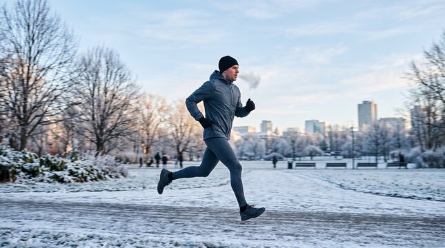 Man running in a snowy park with city buildings in the background during winter