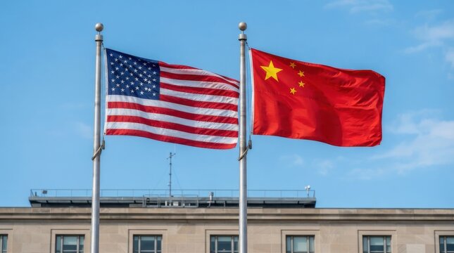American and Chinese flags waving outdoors against a blue sky
