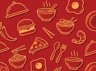 Fototapeta premium Delicious Food Icons Seamless Pattern on Red Background 2.