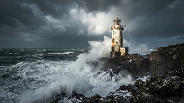 Lighthouse standing on rocky coast during a stormy sea with crashing waves
