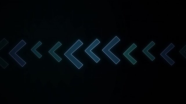 Futuristic chevron pattern with glowing blue and teal lines on dark background, concept for data flow and technological progress, ideal for cyber security presentations and digital interface design.