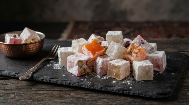 Traditional Turkish delight candies on a dark slate board