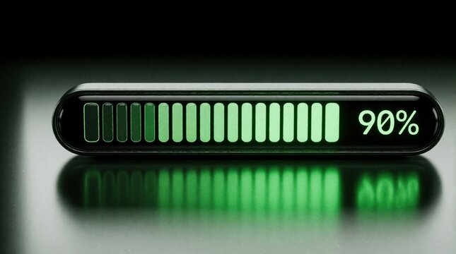 Futuristic battery indicator shows 90 percent charge with glowing green bars, digital numbers. This progress bar symbolizes high power, energy efficiency, advanced technology in electronic devices.