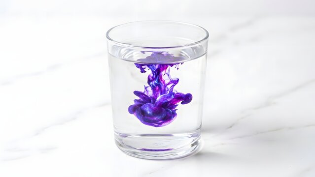 Concept of purple ink dissolving in clear water inside a glass cup on a marble surface