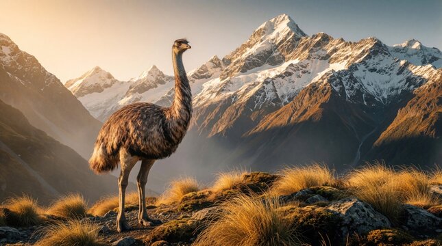 Giant moa bird stands in snowy mountains at sunset light. Extinct flightless fowl looks towards horizon over rocky terrain and dry grass. Wild animal nature landscape.