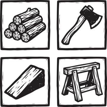 Set of hand drawn woodworking icons including logs, axe, wooden wedge and sawhorse winter