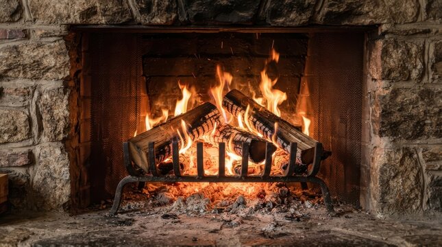 Cozy fire burning in a stone fireplace with wooden logs on a metal grate