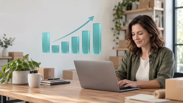 Mujer profesional trabaja con una laptop mientras observa un gr&aacute;fico de barras ascendente. Concepto de crecimiento empresarial, an&aacute;lisis de datos, productividad y &eacute;xito financiero.