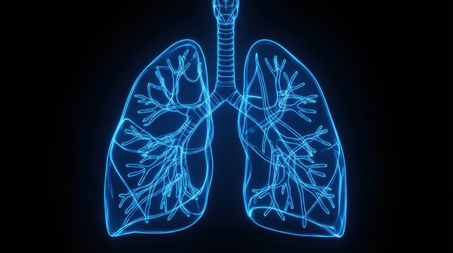 Anatomy of human lungs with bronchial tree wireframe in glowing blue