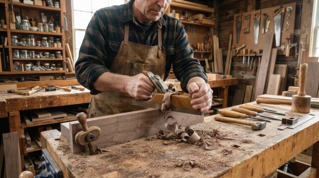 Carpenter planing wood in workshop