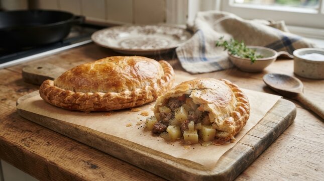 Freshly baked meat and potato pasties on a wooden cutting board