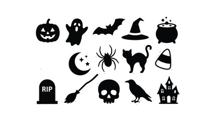 Fototapeta premium Decorative halloween sticker sheet featuring black icon silhouettes of pumpkins ghosts bats and spooky symbols