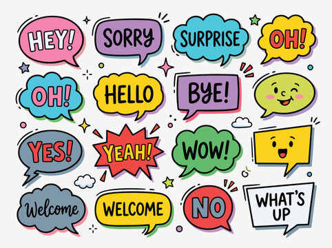 Colorful HandDrawn Speech Bubbles with Various Expressions and Greetings.